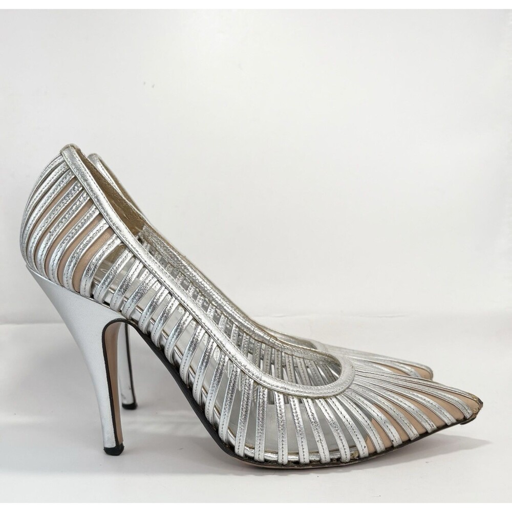 Gucci Silver Leather Heels Laser Cut Stripe Metallic Y2K Vintage Sz EU 36.5C 6.5